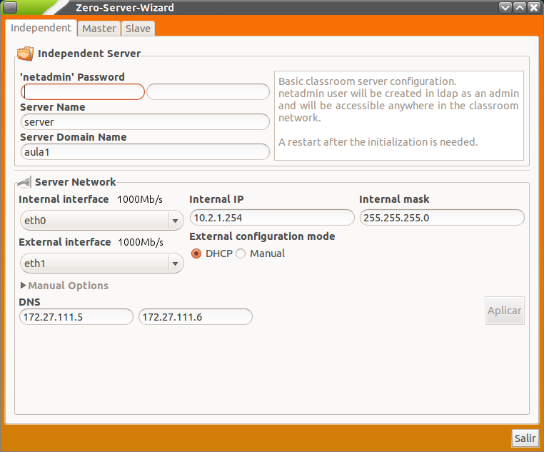 Formulario inicial de Zero Server Wizard para un servidor independiente