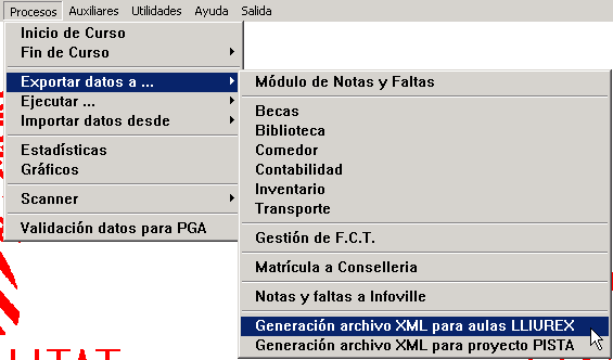 Menús de GESCEN desplegados para obtener la exportación de usuarios